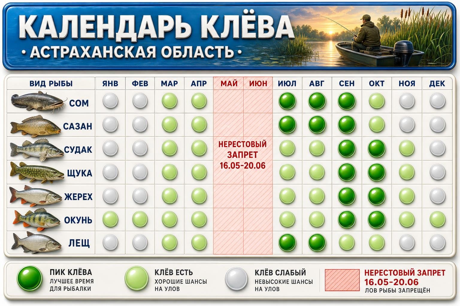 Календарь клёва рыбы в Астраханской области по месяцам: сом, сазан, судак, щука, жерех, окунь, лещ