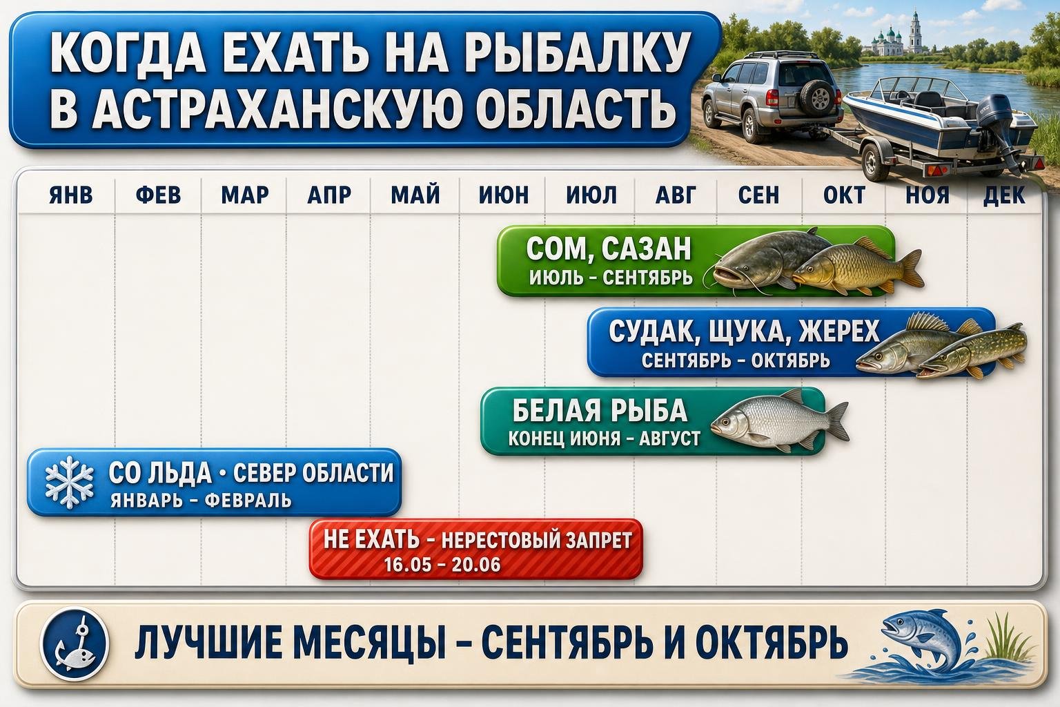 Когда ехать на рыбалку в Астраханскую область: сезоны ловли по видам рыбы