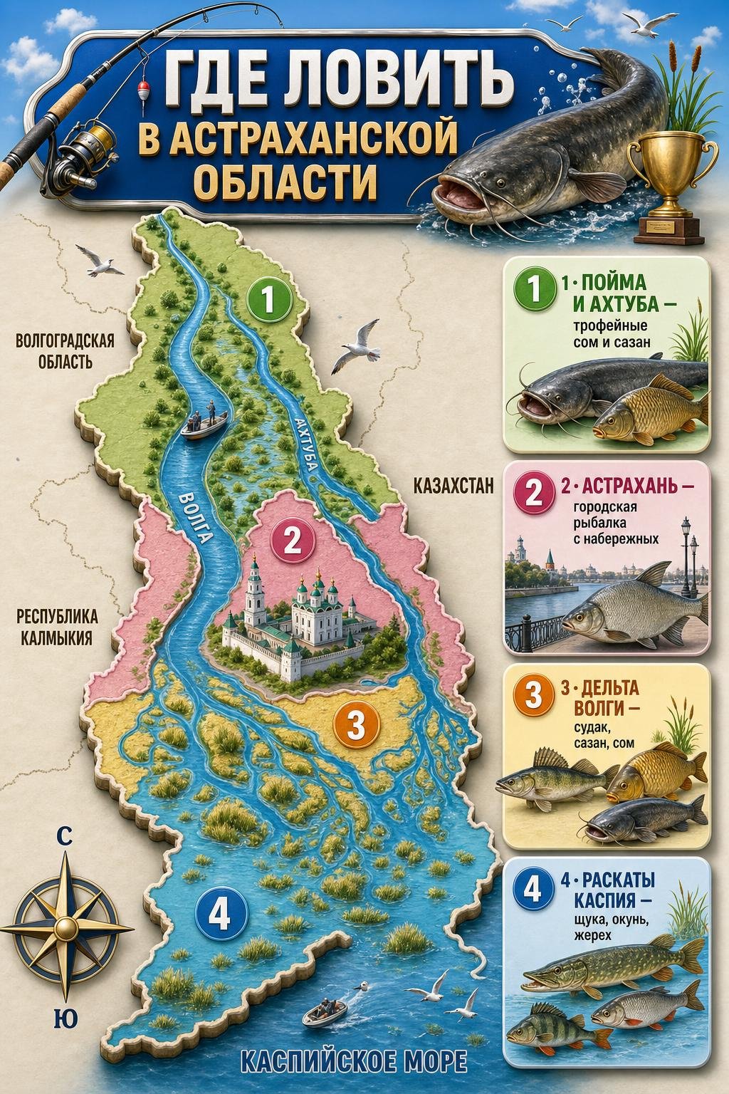 Карта рыболовных зон Астраханской области: пойма и Ахтуба, Астрахань, дельта Волги, раскаты Каспия